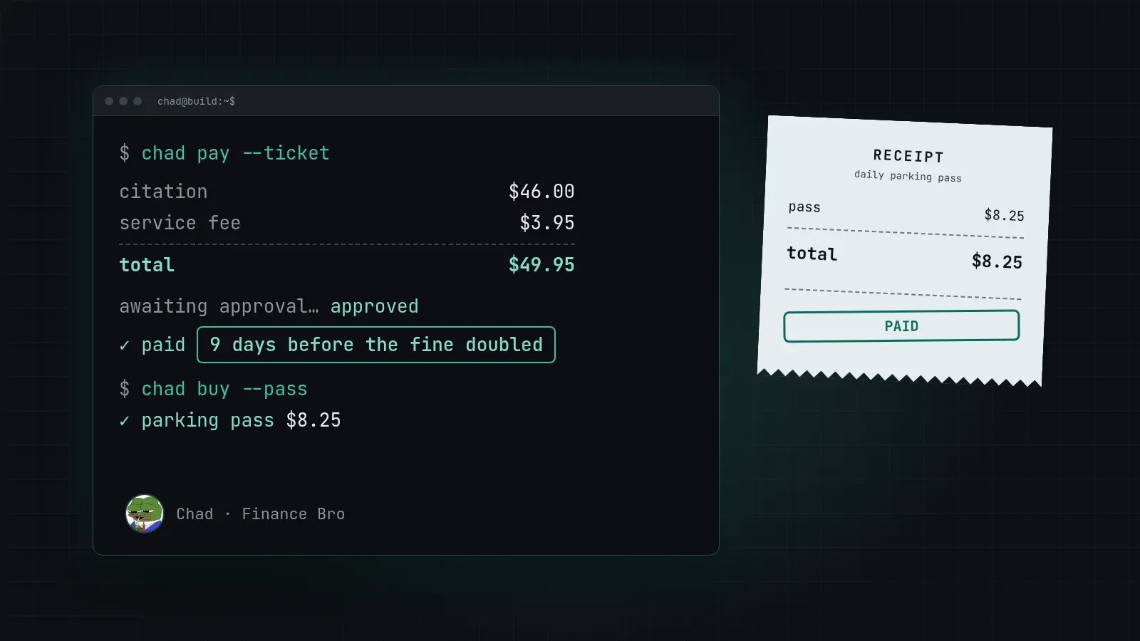 Illustration of a terminal and a receipt: a $46.00 citation plus a $3.95 fee comes to $49.95, paid 9 days before the fine doubled, then an $8.25 parking pass.